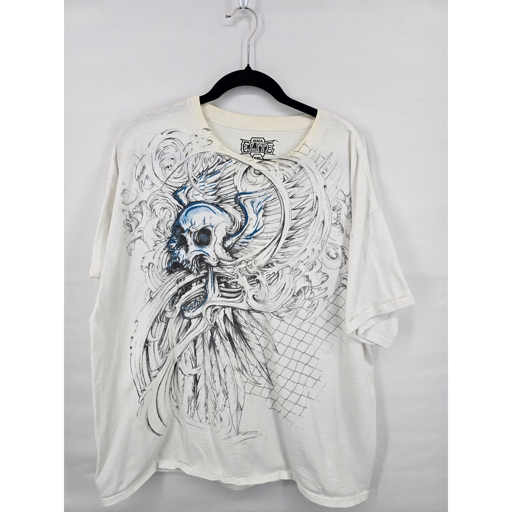 MMA Elite Mens White Skull Graphic T-Shirt XXL Y2K Combat Sports Tee 1543